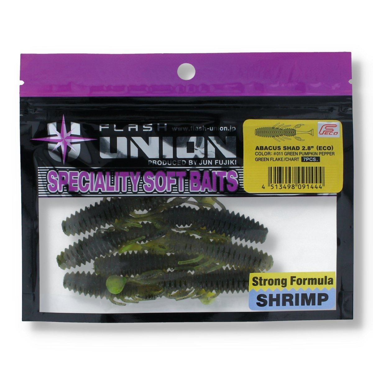 Flash Union Abacus Shad 2,8" 011 Green Pumpkin Pepper Green Flake - Kunstköder