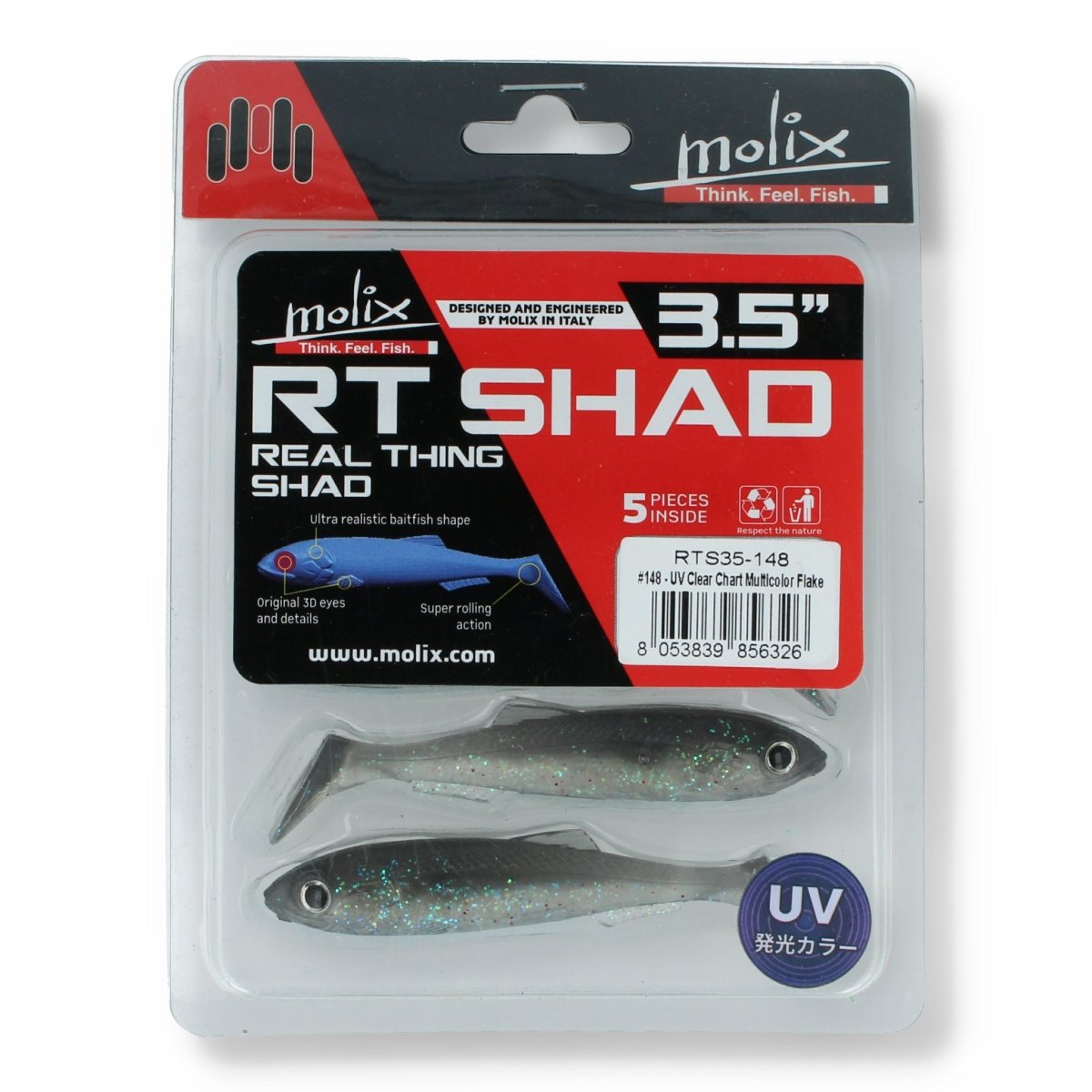 Molix RT Shad 3,5" 148 - UV Clear Chart Multicolor Flake - Kunstköder